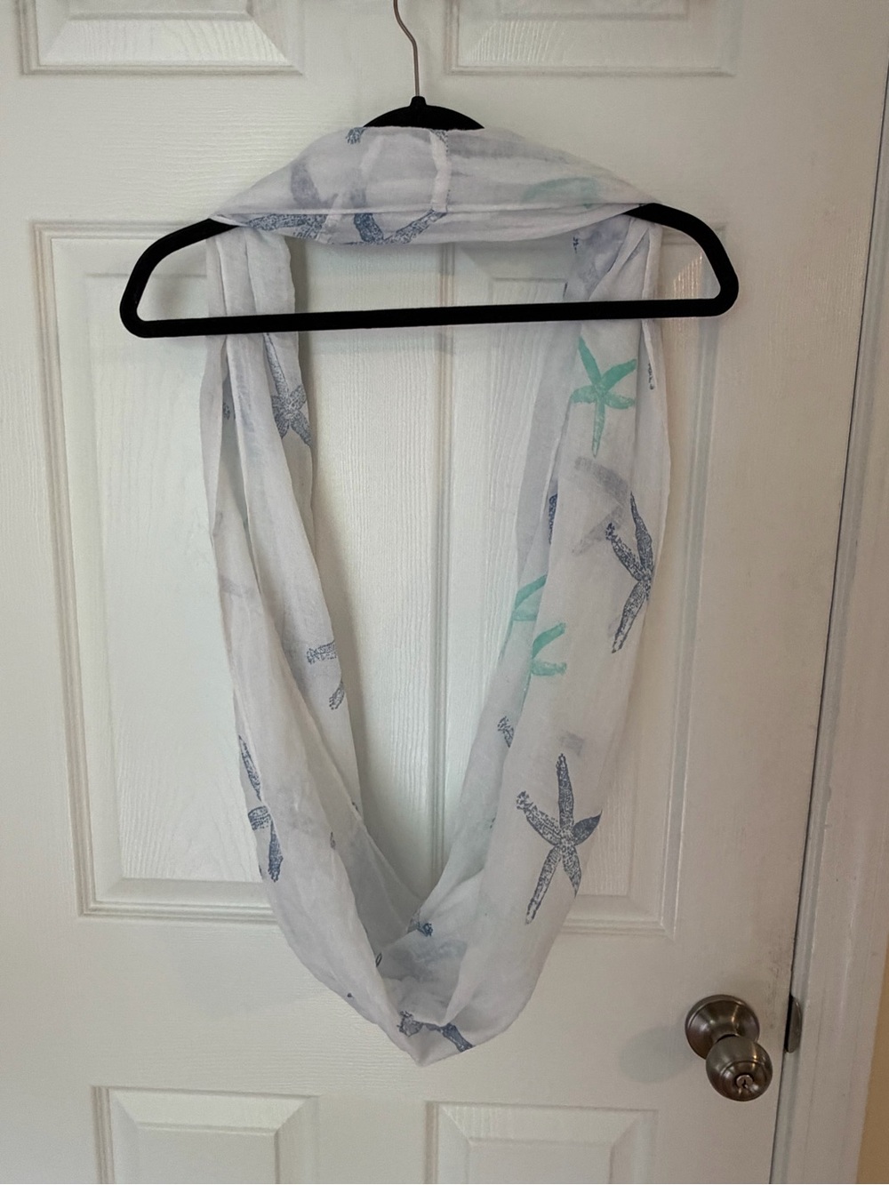 Lightweight White Infinity Scarf with Blue and Mint Starfish Print
